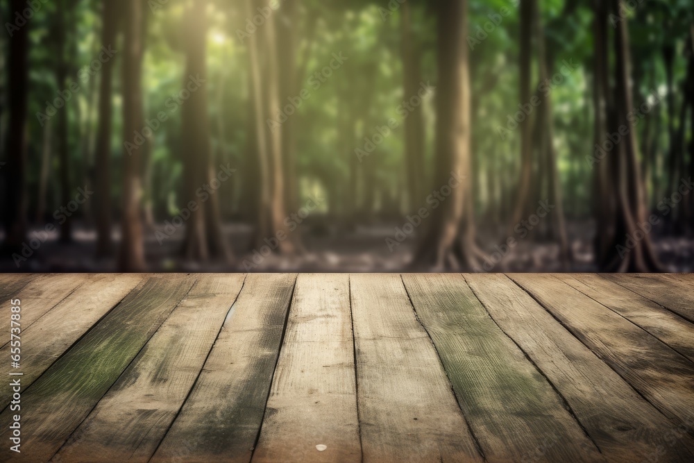 An empty wooden floor in front of a lush green forest An empty wooden floor in front of a lush green forest