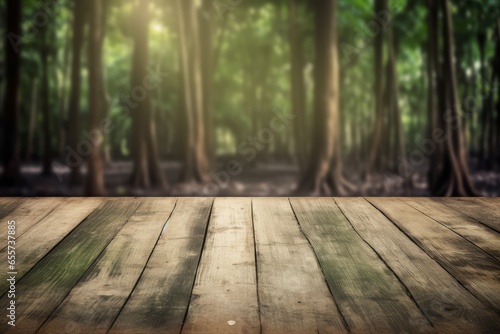 An empty wooden floor in front of a lush green forest