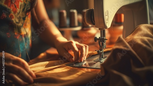 Artistry in Action: Close-Up of a Woman hands Sewing clothes on an Electric Machine photo
