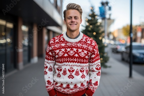 Christmas sweater in red and white colores on a standing man