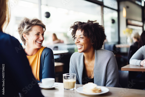 Happy smiling middle aged female friends sitting in a café laughing and talking during a lunch break