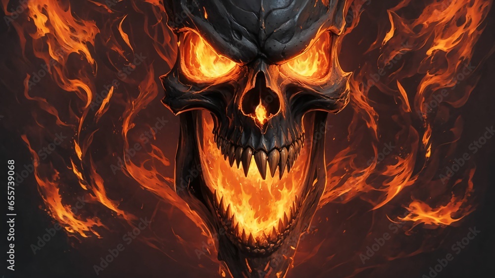 Fototapeta premium a skull with a flamey head on it's face is shown in the middle of a dark background