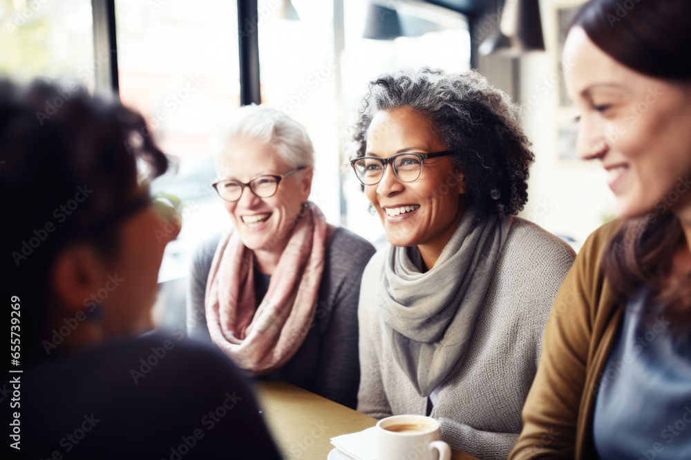Fototapeta premium Happy smiling middle aged female friends sitting in a café laughing and talking during a lunch break