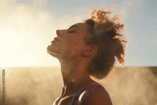 Mujer respirando con tranquilidad al amanecer.  Concepto de salud mental.  photo