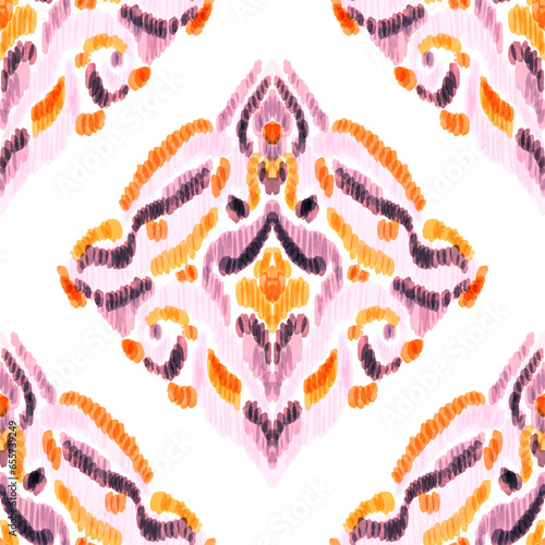 Colorful ikat pattern in vintage style. Elegant ethnic background. Hand drawn oriental art. Seamless geometric vintage texture.	