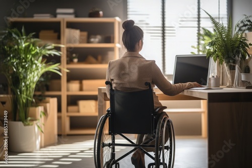 A young woman in a wheelchair works at a computer in the office