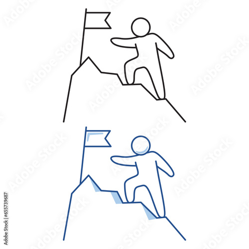 Business people climb to top mountain.Business competition. Company employee challenge.Get on top.Hoisted to the peak of the flag.The desire to win.Doodle business icon.Hand drawn sketch illustration.
