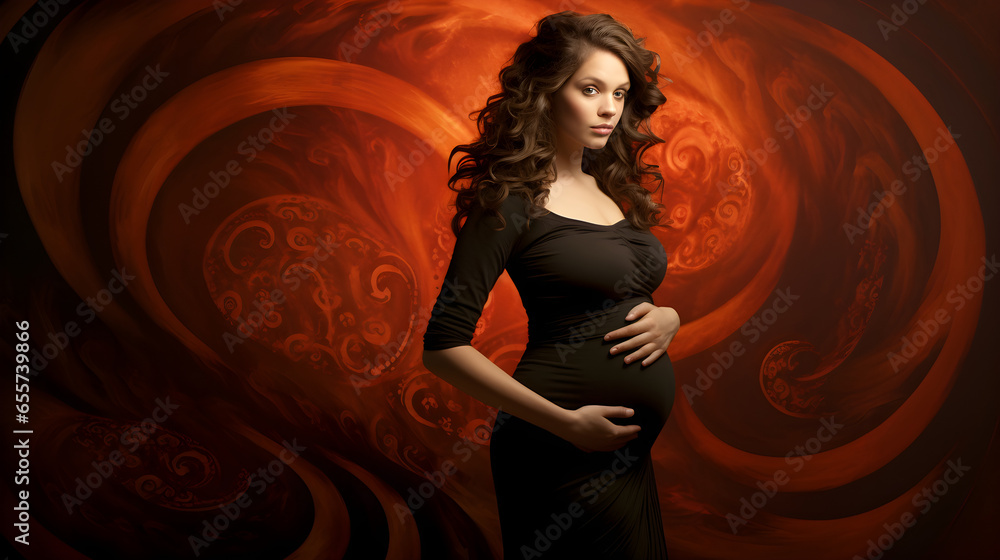 Beautiful pregnant girl expecting a baby with a round belly