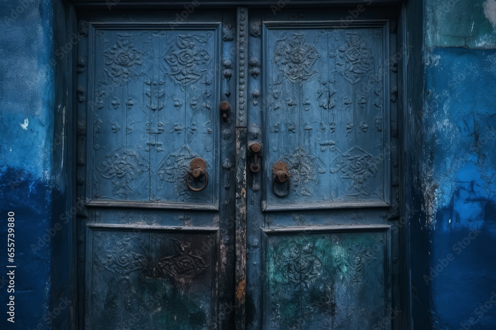 A grand and intricately decorated blue door