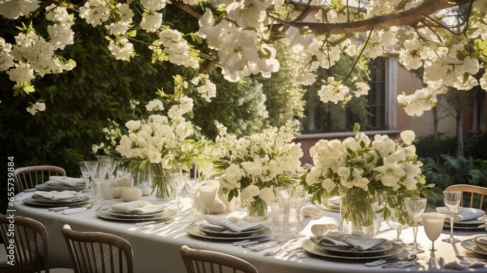 Charming Open-Air Table Setting Graced by White Flowers, for Dinner Gatherings and Joyous Events Charming Open-Air Table Setting Graced by White Flowers, for Dinner Gatherings and Joyous Events