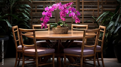 Charming Dining Setup  Chairs Surrounding a Round Table with Orchid