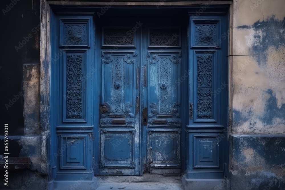 An open blue door in a historic building