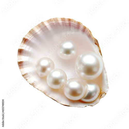 white set of realistic pearl in a sea shell, Open oyster with white pearl isolated on transparent background., Pearl Shell Realistic Close Up, png file, clipping path,