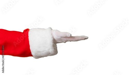 Santa Claus hand presenting your christmas text or product over transparent background
