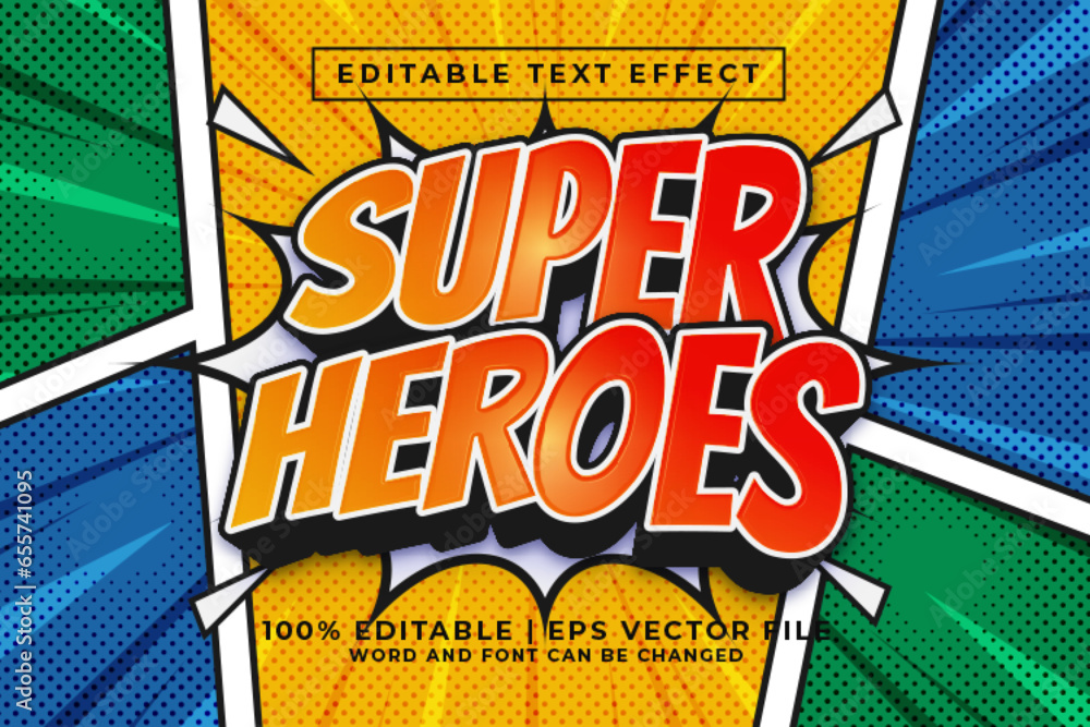 Super Heroes 3d Editable Text Effect Comic Cartoon Style Premium Vector - obrazy, fototapety, plakaty 