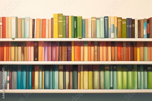 bookshelf colorful books on white shelf on wall concept illustration image, in the style of muted, earthy tones, photographically detailed portraitures, photo-realistic still life, witty and satirical photo