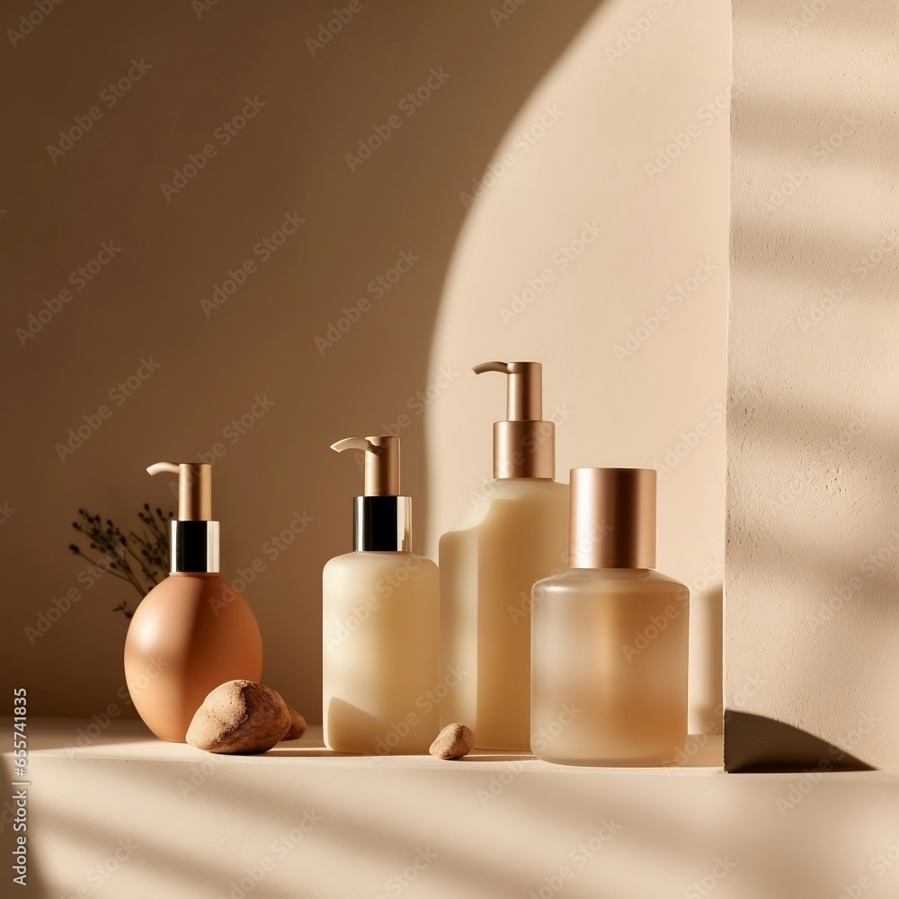 Beige Glass Bottles of Body Wash Beige Glass Bottles of Body Wash