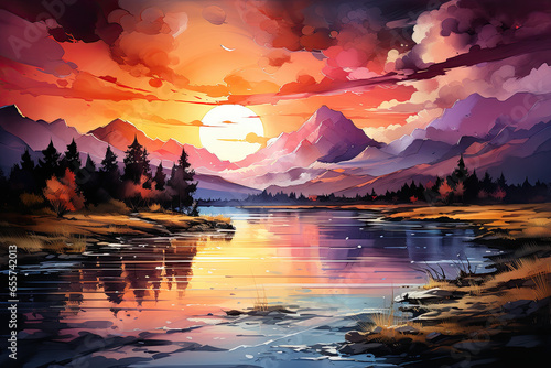 Sunset Hues  Majestic Mountains   Tranquil Lake