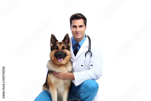 Photo of a veterinary with a dog on a PNG white background