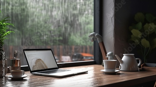 Wallpaper Mural Cozy Minimalist Cafe Perfect for a Rainy Day, Complete with a Laptop Mockup on a Table Torontodigital.ca