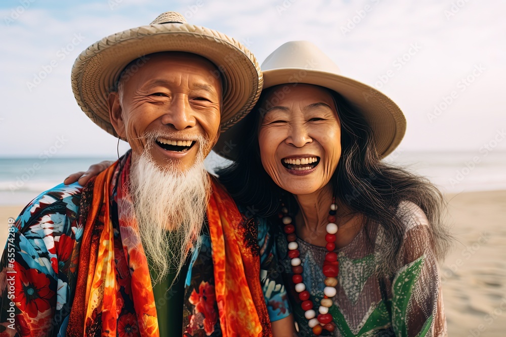 two old Asian man and woman couple lover wearing colorful bohemian style outfit smiling together, Silver Gen lifestyle,  Generation Ai