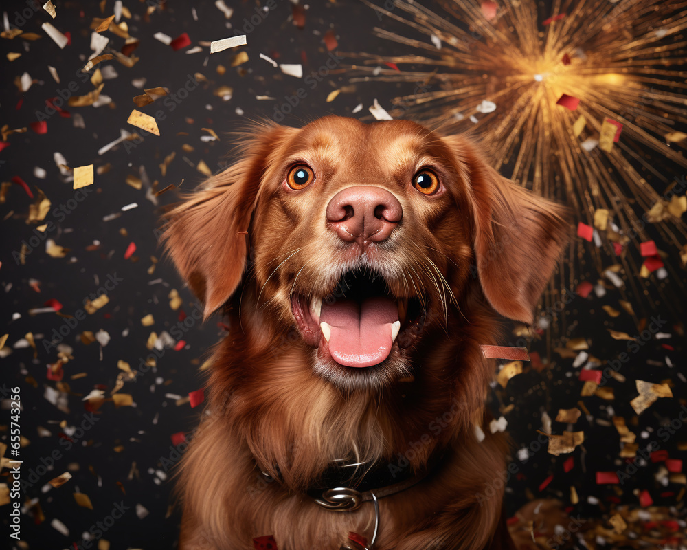 Celebrating New Year with Dog, Dog and New Year event, fireworks