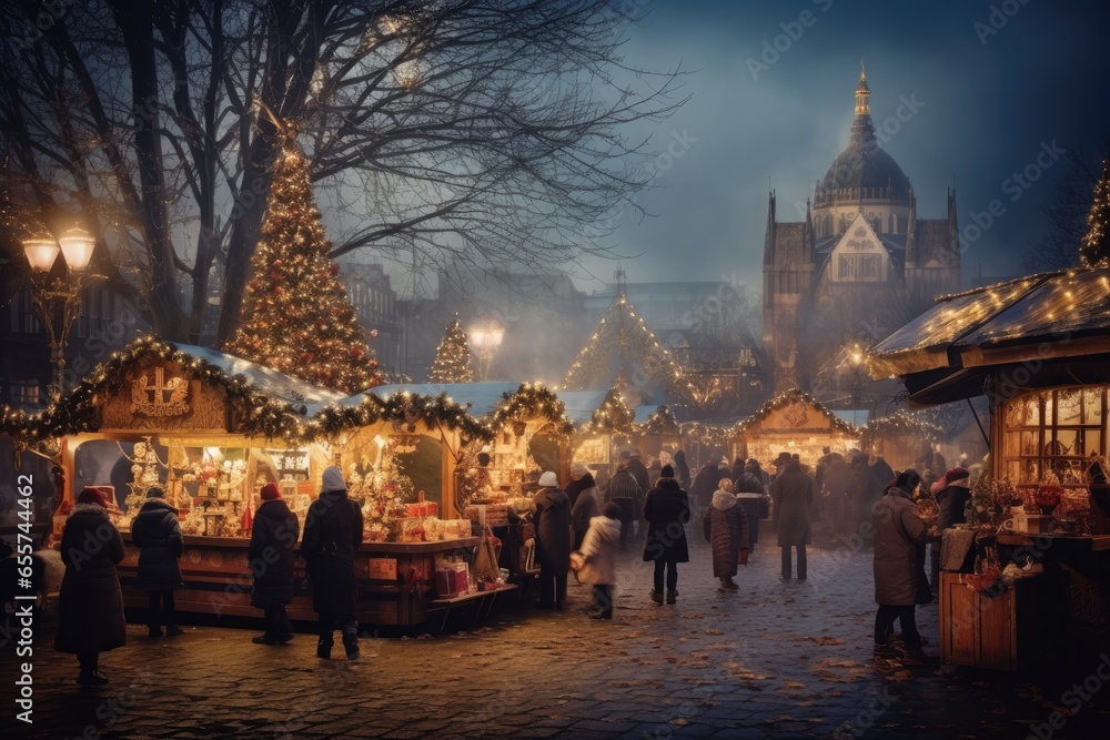 cinematic time-lapse of a bustling holiday market, where vendors set up their stalls and the city awakens to the festive season - Generative AI