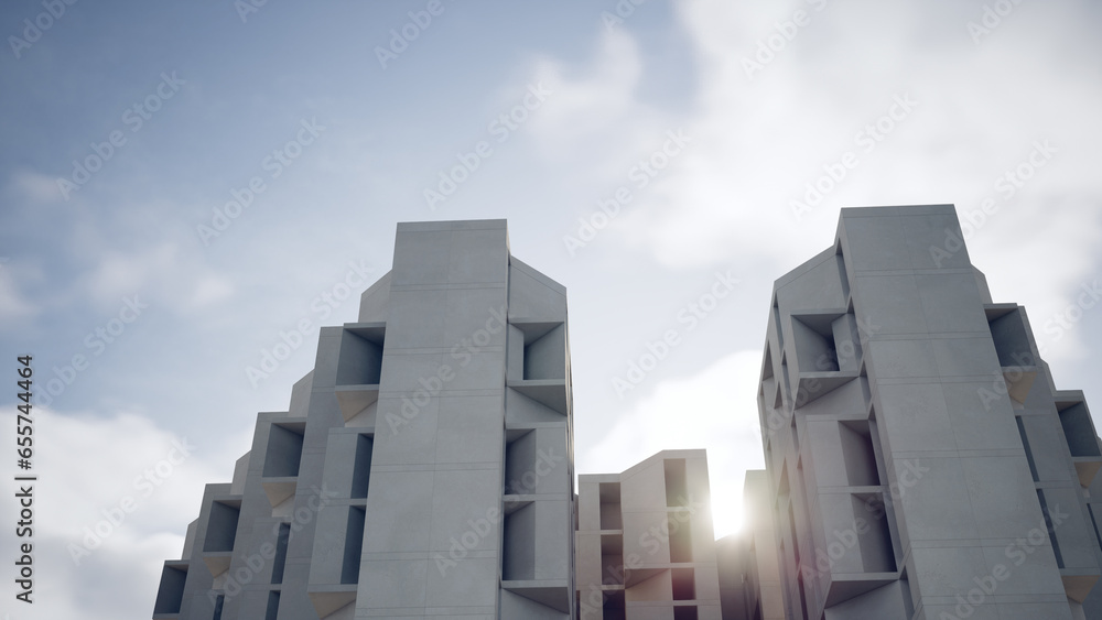 Concrete building with modern design. 3d rendering of abstract architecture with sky background. Concrete building with modern design. 3d rendering of abstract architecture with sky background.
