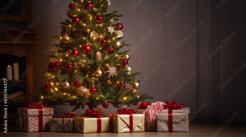 Christmas tree with colorful decorations and wrapped gifts on a dark background. Wallpaper concept of Christmas and New Year. Tree decorated with garlands and presents boxes. Modern house interior.