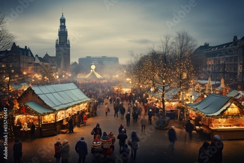 cinematic time-lapse of a bustling holiday market, where vendors set up their stalls and the city awakens to the festive season - Generative AI