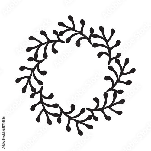 Scandi wreath in quirky vector style isolated on white background. Decorative frames for playful antique graphics. Monochrome ornate quirky illustration. 