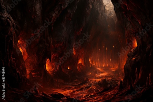 Underground lava cavern. Digital artwork. Lengthy cave. Generative AI