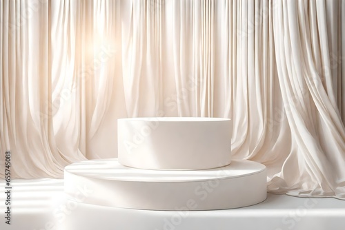 Empty modern round wooden podium side table in soft white blowing drapery curtain drapes in sunlight for luxury cosmetic, skincare, beauty treatment, fashion product