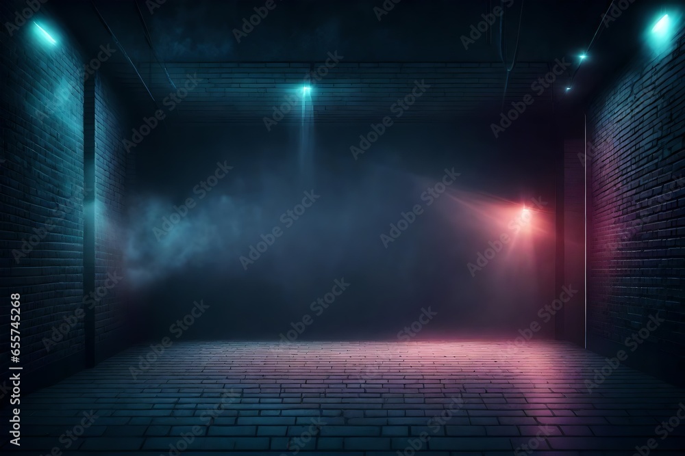 Background of an empty room with a brick wall, searchlight lights, neon light. Dark street, smoke, rays of light, neon light. Dark abstract street background.