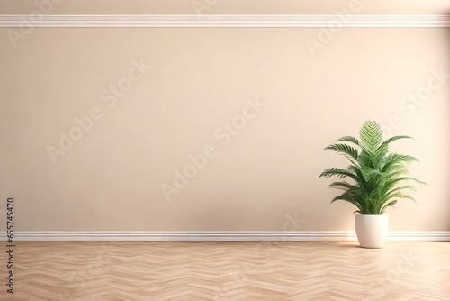 Empty room interior background, beige wall, with plant, wooden flooring 3d rendering