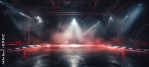 concert event stage with red spotlights shine on floor with dry ice fog, Generative Ai