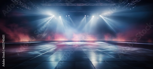 concert event stage with red blue spotlights shine on floor with dry ice fog, Generative Ai © QuietWord