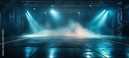 concert event stage with blue spotlights shine on floor with dry ice fog  Generative Ai