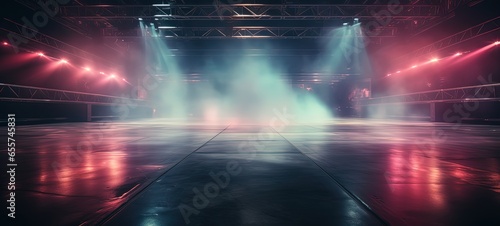 concert event stage with red blue spotlights shine on floor with dry ice fog, Generative Ai