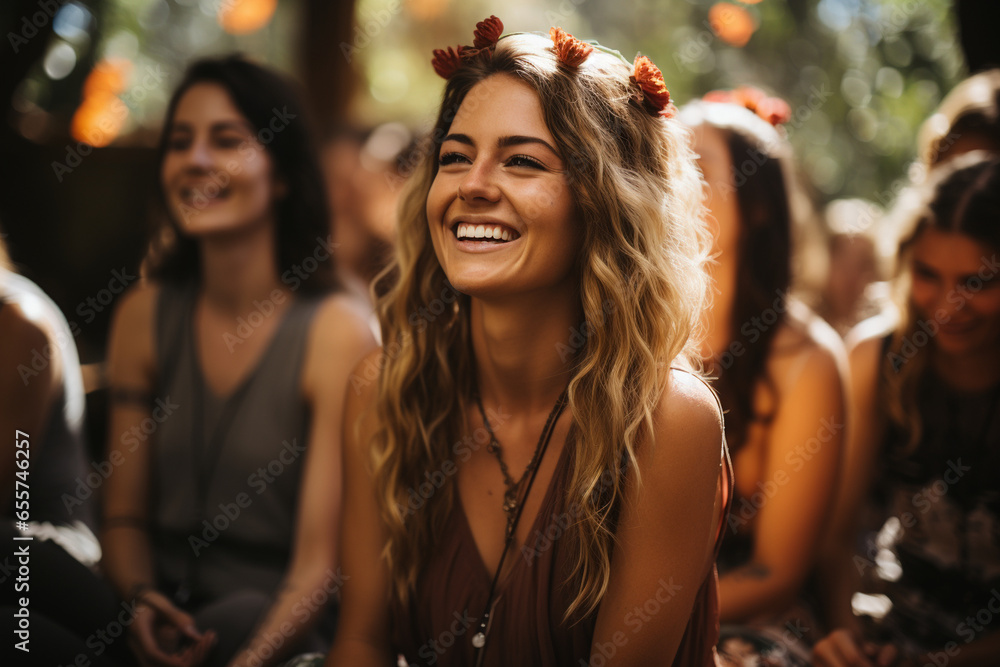 A group of friends practicing mindfulness and meditation in a serene garden setting A group of friends practicing mindfulness and meditation in a serene garden setting