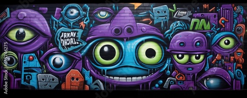 graffiti on wall cartoon design, funny face and alien things, Generative ai