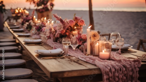 A Beachside Wedding Celebration with Bohemian Elegance, Table Decor, drink Glasses, and a Romantic Atmosphere with candles for Dinner