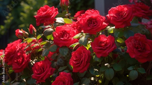 A beautiful Display of Fresh red Roses blooming in the garden © Pretty Panda