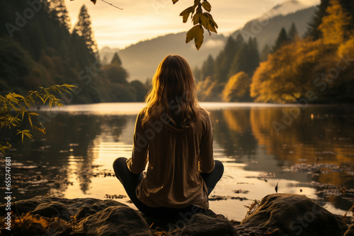 A person engaged in mindful meditation by a serene lake, promoting inner peace and mental health