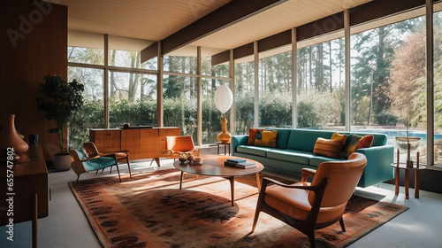 Iconic Mid-Century Modern Living Room, Teak Furniture & Sunburst Charm - Created using Generative AI