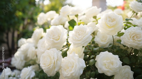 A beautiful Display of Fresh white Roses blooming in the garden