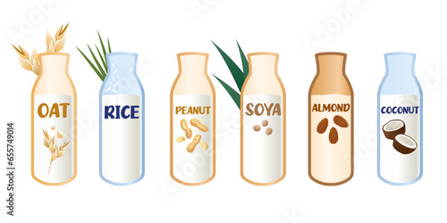 A set of vegetable milk. Oatmeal, rice, peanut, soy, almond and coconut milk. Objects on a white background. vector. Vegan products.