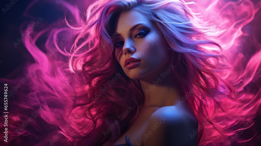 Fashion girl with long blond hair with magenta color backlight on background. Beautiful face of young attractive woman. Stylish Portrait of beautiful girl with sexy eyes.  Magenta color concept.
