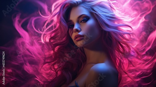 Fashion girl with long blond hair with magenta color backlight on background. Beautiful face of young attractive woman. Stylish Portrait of beautiful girl with sexy eyes.  Magenta color concept.