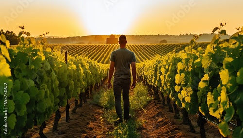 Rear view of man standing in vineyard and looking at sunset photo